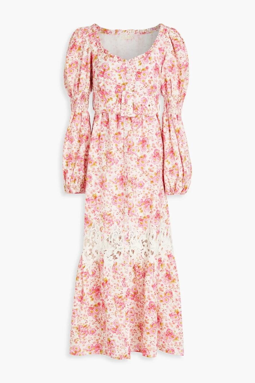 BYTIMO Guipure Lace-Trimmed Floral-Print Linen And Cotton-Blend Midi Dress Small